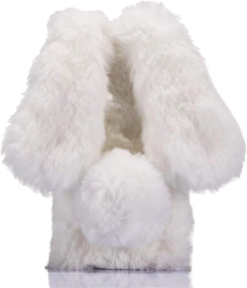 Amocase for iPhone XR Faux Furry Case with 2 in 1 Stylus,Luxury Bling Diamond 3D Bowknot Cute Warm White Bunny Rabbit Fuzzy Fluffy Plush Soft Fur Silicone Case for iPhone XR 6.1"