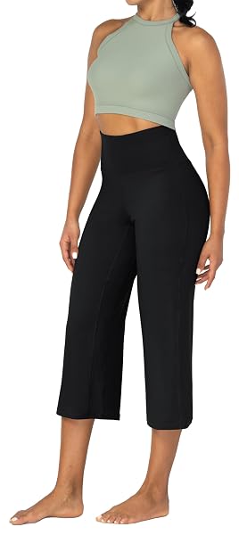 SUNZEL YOGA PANTS FOR WOMEN STRAIGHT WIDE LEG CAPRIS HIGH WAISTED LOUNGE CROP PANTS (23″ INSEAM, BLACK, L)