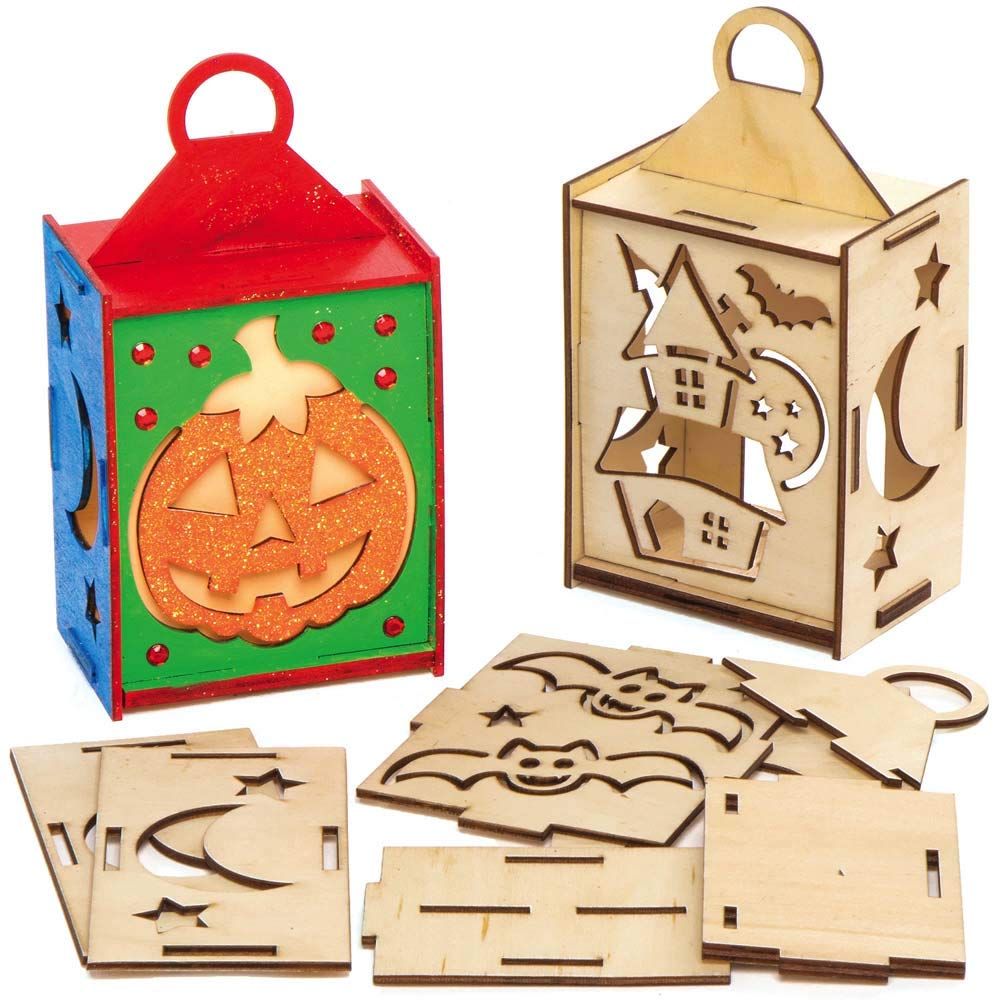 Baker Ross AX241 Halloween Wooden Lantern Kits - Pack of 3, Woodcrafts for Kids to Colour In, Decorate and Display During Trick or Treat Season