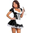 JJ-GOGO Women's French Maid Costume Sexy Black Satin Halloween Fancy Dress S-5XL