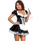 JJ-GOGO Women's French Maid Costume Sexy Black Satin Halloween Fancy Dress S-5XL