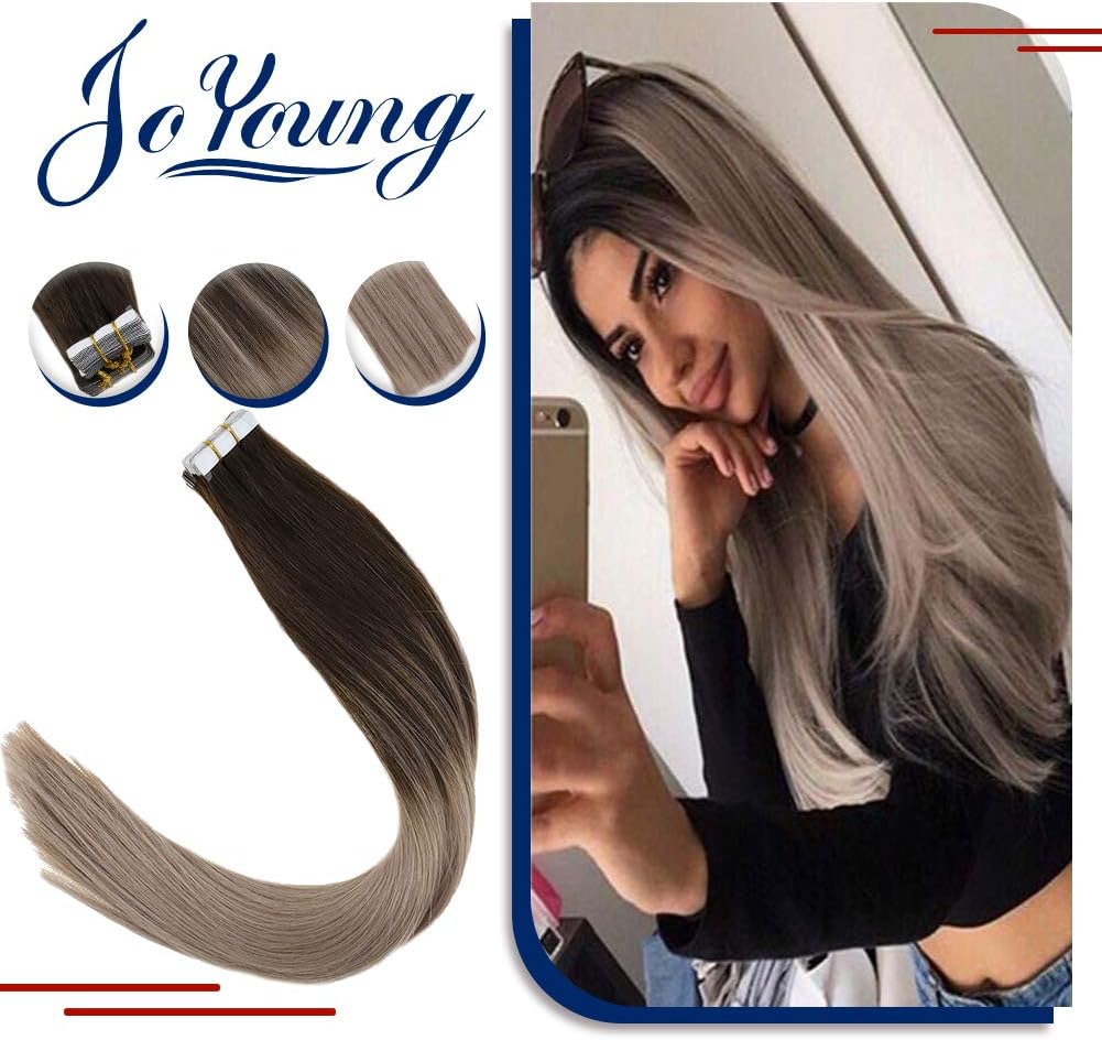 JoYoung Balayage Tape in Hair Extensions Darkest Brown Ombre Ash Brown 14inch 20pcs Two Tone Remy Straight Tape Hair Extensions Invisible Skin Weft Human Hair 50g