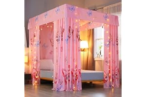 Mengersi Princess Four Corner Post Canopy Bed Curtains for Girls Kids,Not Include Bed Frame,Bedroom Decor (Full, Pink Butterfly)