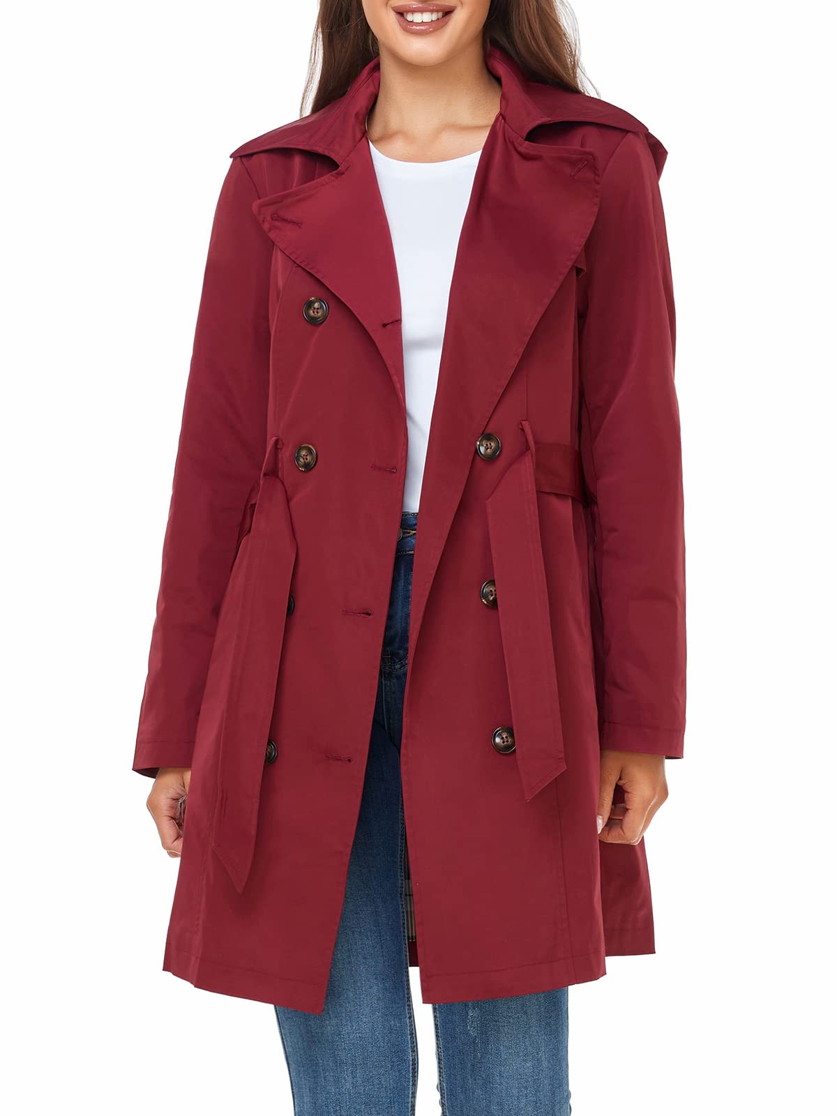 Photo 1 of SaphiRose Women's Water-Resistant Trench Coat Double-Breasted Long Peacoat with Removable Hood(Burgundy Medium)