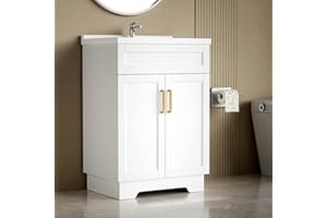 Smhxo Bathroom Vanity with Ceramic Sink, Bathroom Vanity Cabinet with 2 Doors, 24 Inches Wooden Cabinet with Sink, White