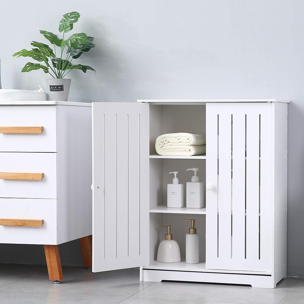 White Finish Ssline White Bathroom Cabinet Wooden Floor Stand Bathroom Storage Chest Organizer With Doors Multipurpose Freestanding Space Saver Storage Organizer Double Doors With Adjustable Shelves Over The Toilet Storage Home Kitchen