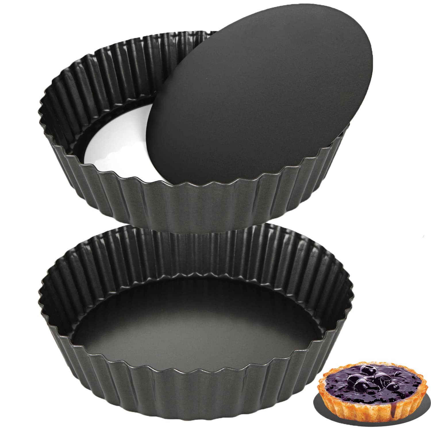 LOLYSIC 2Pcs Deep Quiche Tins with Loose Base, 5.5cm Deep Pie Dish Loose Bottom Flan Tin, 24cm / 9" Carbon Steel Fluted Tart Tins for Baking, Non Stick Quiche Dish with Removable Bottom, Black