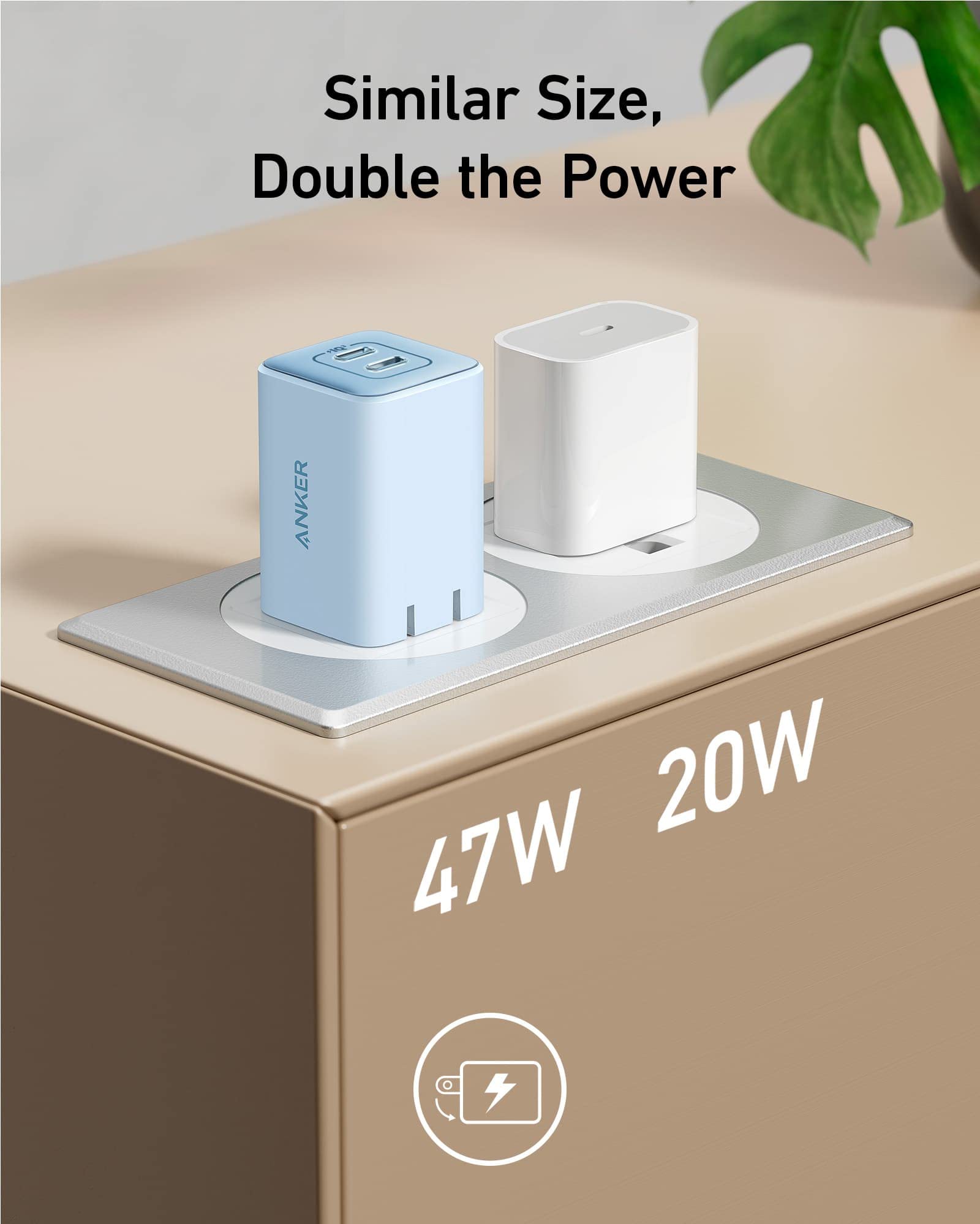 Anker Nano Charger, 47W 2 Port Compact Foldable GaN USB C Charger for iPhone 17/16, Galaxy, Pixel, Compatible with MagSafe (Blue)