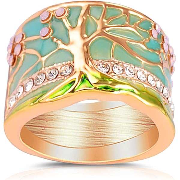 Women's Tree Of Life Wide Band Ring - Gold Plated With Pink Opal & Green Enamel, Statement Cocktail Ring