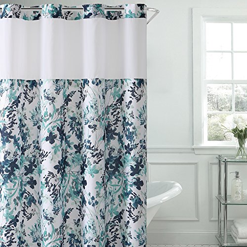 Hookless Water Color Floral Print Shower Curtain with PEVA, Aqua