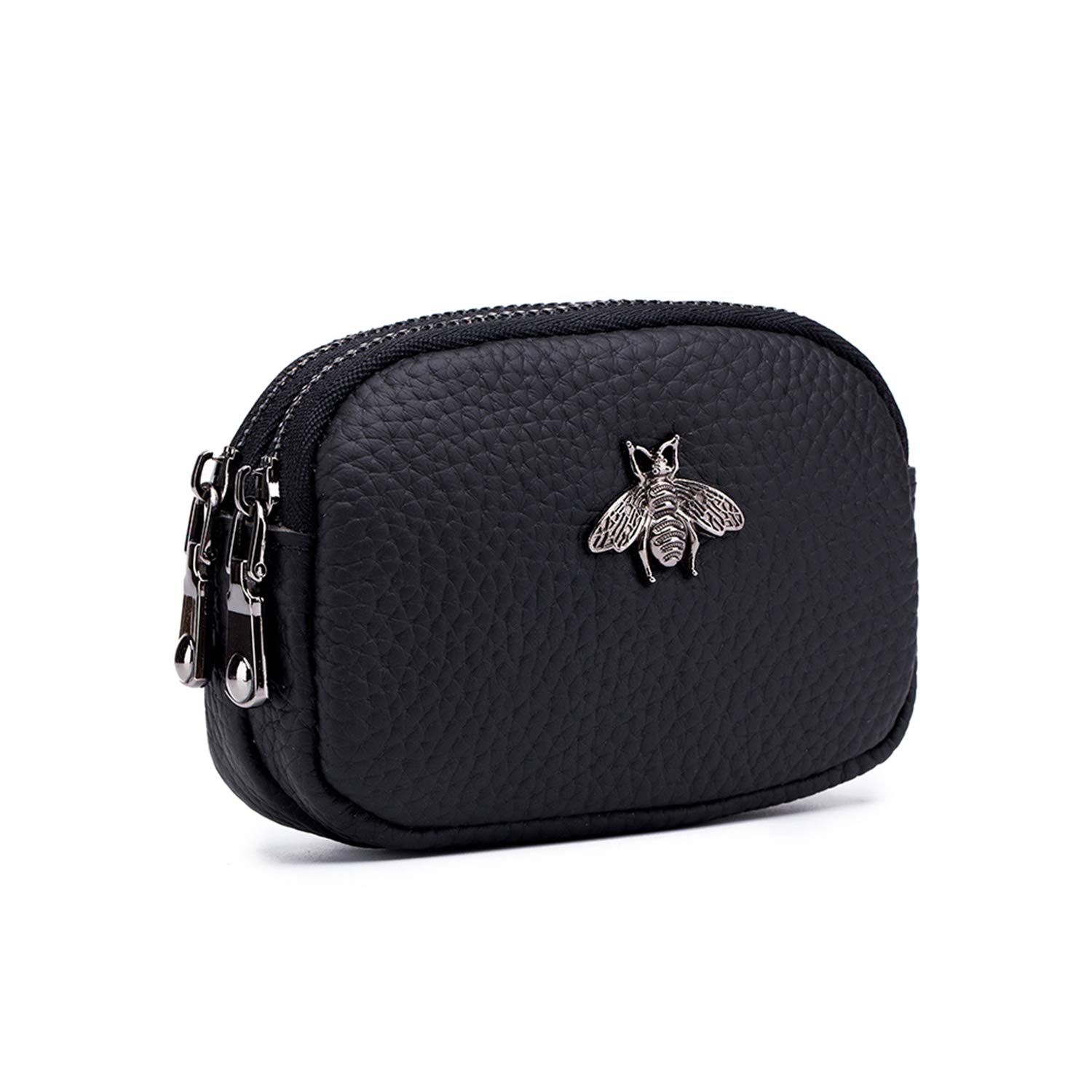 ZOONAI Genuine Leather Double Zipper Coin Purse Bee Change Pouch Credit Card Holder (Black)