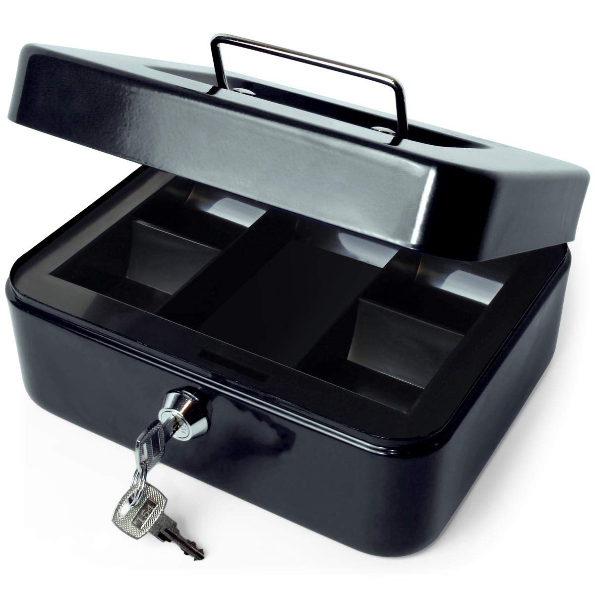 iGadgitz Home U7170 Petty Cash Box with Keys and Coin Tray, Petty Cash Tin, Money Tin -Black -8" (20cm)