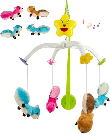 Amazon Co Jp 赤ちゃん用ミュージカル寝具 ベビーベッドモービル リラックスした音楽と4つの吊り下げ回転式ぬいぐるみ リスの友達 子供部屋のおもちゃと一緒に移動 Toys