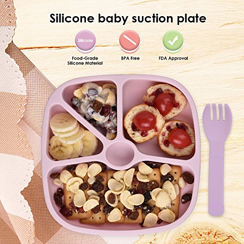TTLIFE Baby Place-mats Silicone Plates for Toddlers,Kids,Non-Skid Suction Bottom,Baby Trays for Eating, Feeding Tray, BPA Free,Dishwasher Safe + A Portable Bag - Pink