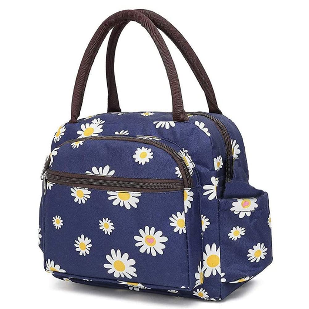 Large Capacity Lunch Bag, Picaru Meal Prep Bag Durable Waterproof Lunch Bag with Bottle Holder Stainless Steel Straws for Women Adults Girls, 9.4×3.9×8.3 inches/24×10×21 cm (Flower)