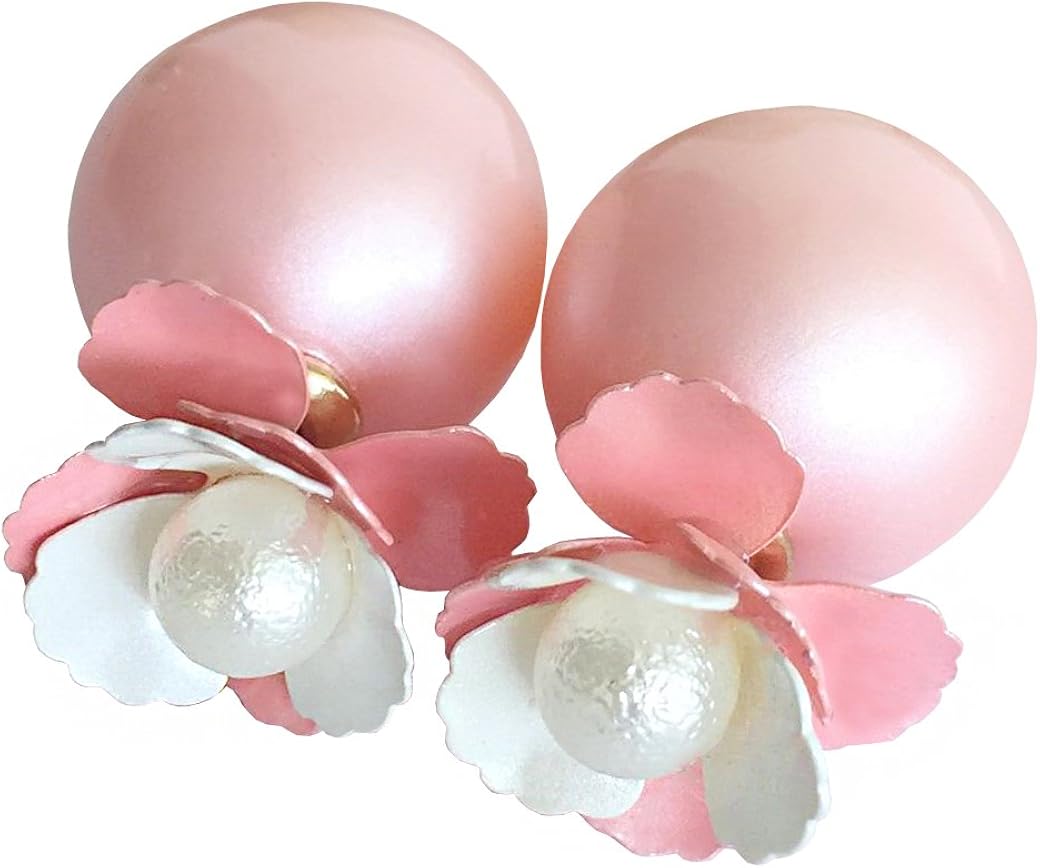 1 Pair Lujuny Alloy Shell Pearl Flower Double Side to Wear Earrings Studs with Gift Box for Women Girls