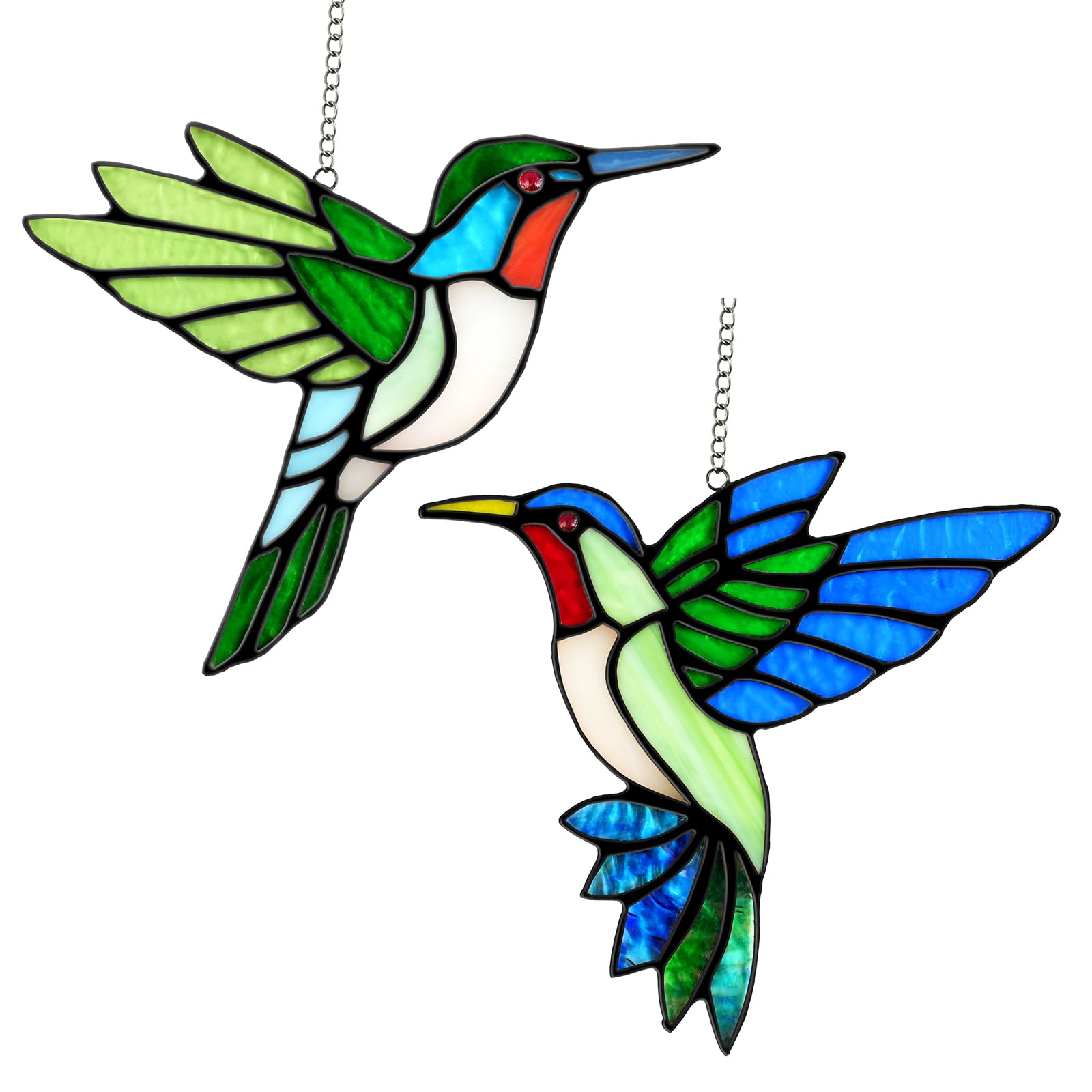 Photo 1 of 2 Packs Hummingbird Stained Glass Window Hanging Suncatchers - 6 Inch Handmade Real Glass with Copper Foil Edges, Bird Safe Gifts for Women Mom Grandma Bird Lovers(Suction Hooks Included)