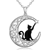 Fenthring Black Cat Necklace Sterling Silver Crescent Moon Celtic Knot Cat Necklaces for Women Cute Animal Infinity Pentacle Cats Halloween Christmas Holiday Jewelry