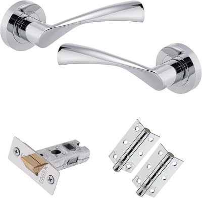 XFORT Polished Chrome Warped Lever On Rose Latch Pack with Ball Bearing Hinges