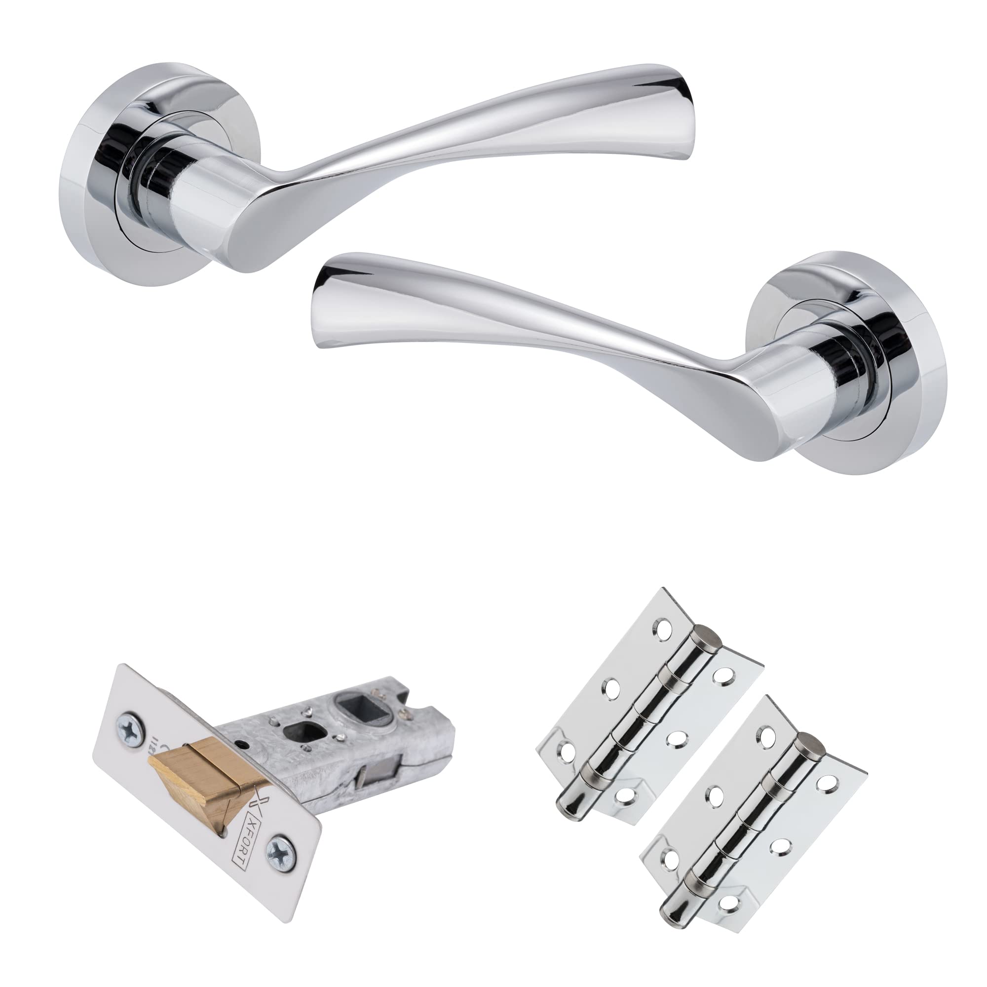 XFORT Polished Chrome Warped Lever On Rose Latch Pack, with Ball Bearing Hinges & A Tubular Latch, Ideal for Internal Wooden Doors for Home and Office.