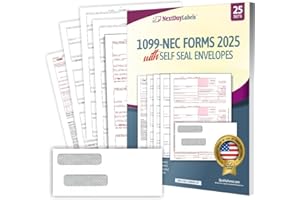 NextDayLabels 1099-NEC Forms for 2025, 4-Part Tax Forms, Vendor Kit of 25 Laser Forms and 25 Self-Seal Envelopes, Forms Designed for QuickBooks and Other Accounting Software