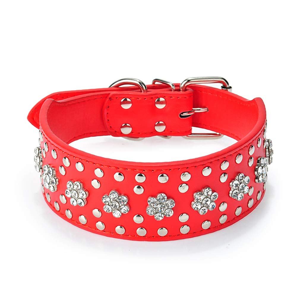 haoyueer Rhinestones Dog Collars Flower Pattern Rhinestone Studded Leather Sparkly Crystal Diamonds Dazzling Sparkling Elegant Fancy PU Leather Dog Collar for Medium & Large Dogs (M, Red)