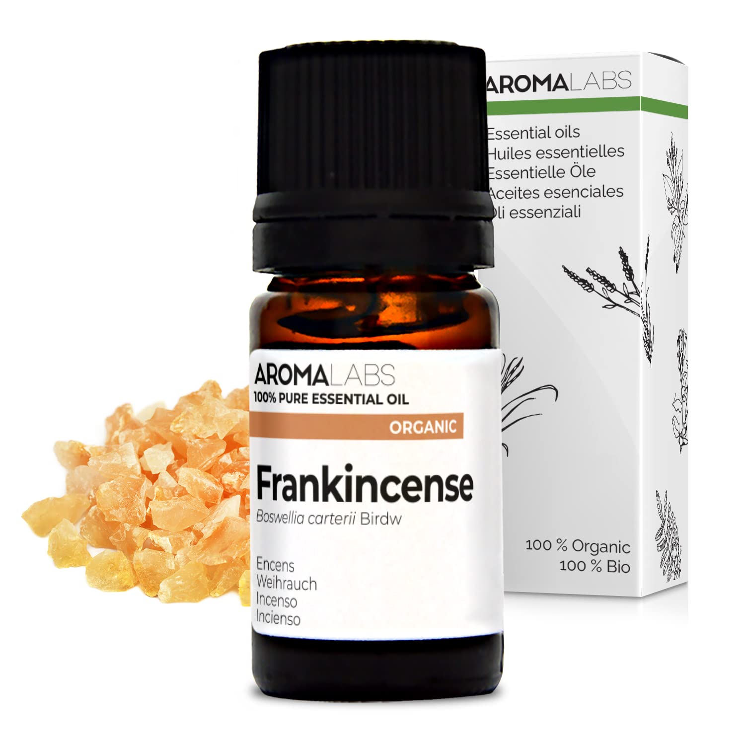 Bio - Frankincense Essential Oil - 5mL - 100% Pure, Natural, Chemotyped and AB/Cosmos Certified - AROMA LABS (French Brand)