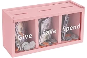 Mczxon Spend Save Give Piggy Bank for Kids, Money Coin Savings Piggy Bank Jar Box for Kids Child Safe Money Saver, Teach Children About Giving & Saving Money Piggy Box for Childrens Boys Girls, Pink