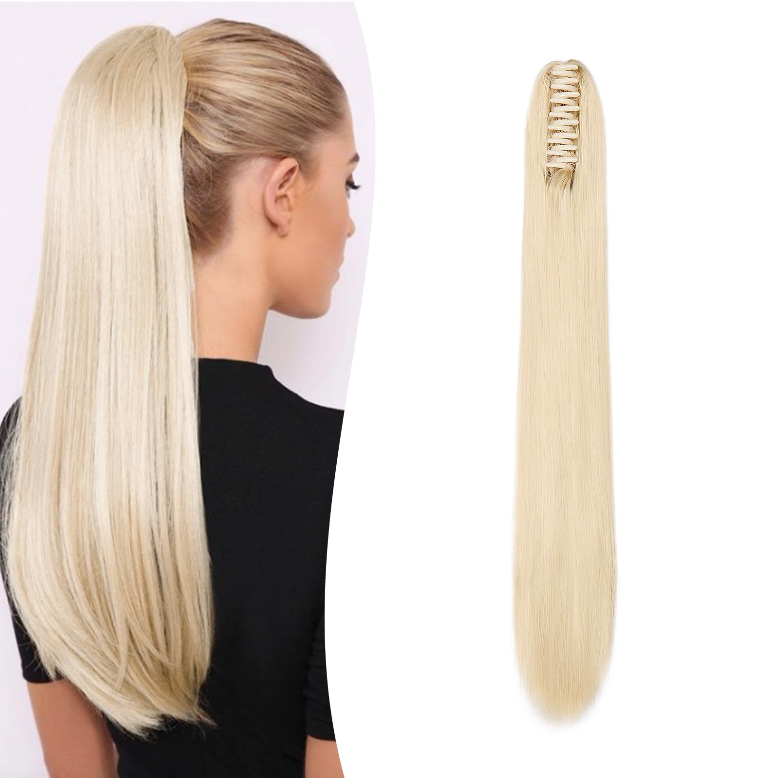 Gairyan Clip in Ponytail Hair Extensions 24 inch Ponytail Extension Long Straight Pony Tails Claw on Ponytail Synthetic Hairpieces for Women Soft Natural Look (Bleach Blonde)