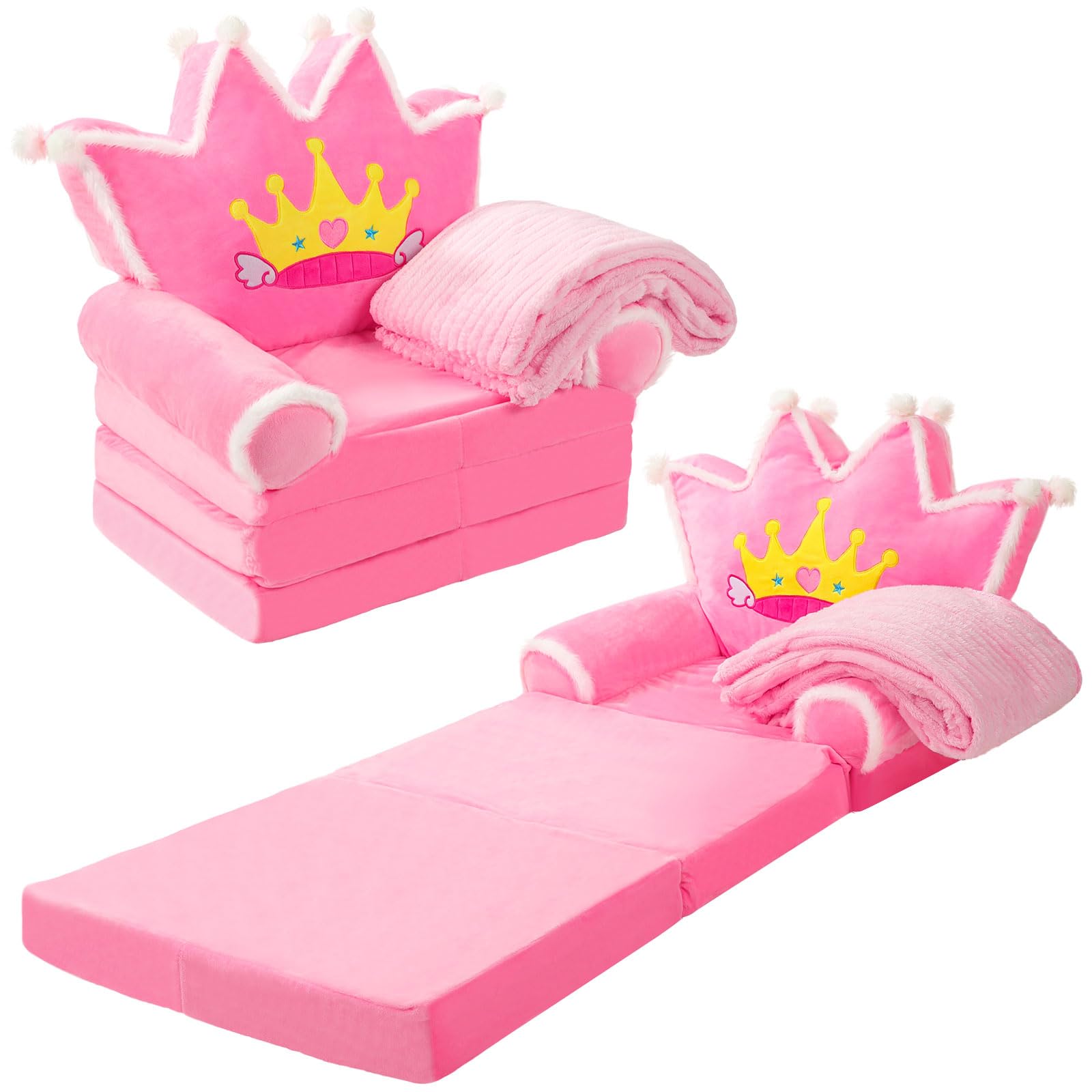 Photo 1 of Burbell Kids Couch 2 in 1 Toddler Couch Fold Out with Flannel Blanket Set Soft Princess Kids Chairs for 1-3 Toddler Comfy Convertible Sofa to Lounger Bed for Reading Sleeping Gaming Decor(Pink)