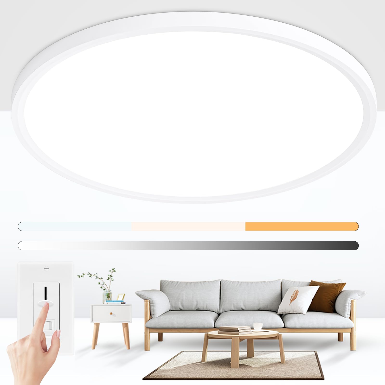 Photo 1 of 24'' Large Led Flush Mount Ceiling Light Fixture, Dimmable & 3000K/4500K/6000K Selectable, 48W, 4800LM, Modern, White, Ultra Thin, for Bedroom, Kitchen, Dining Room, Living Room, Home Office, Hallway