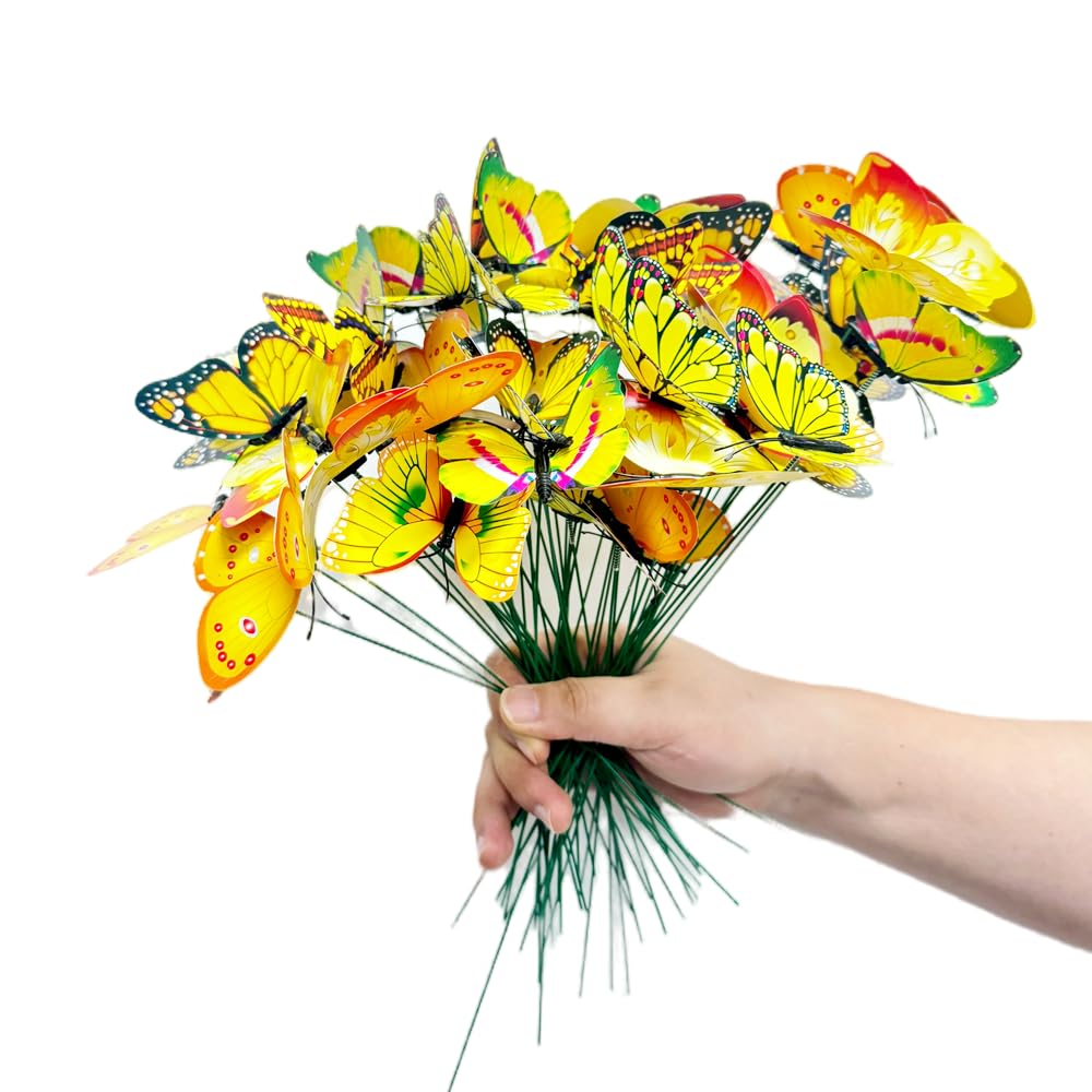 3D Butterfly Garden Stake Decor,10" PVC Butterfly Garden Decor for Outside,Shaking Head Artificial Butterflies for Bouquet Outdoor Wall Lawn Pathway Plant Pot Flower Bed Yard Decor (50, Yellow)
