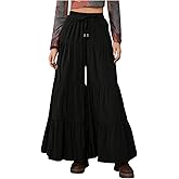 SHENHE Women's Tiered Ruffle Hem Wide Leg Pants Elastic Waist Flowy Palazzo Boho Pants