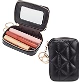 WADORN Lipstick Organizer Bag with Mirror, Portable Zipper Lipstick Storage Bag PU Leather Small Cosmetic Bag for Lipsticks Mini Makeup Holder for Women, Black