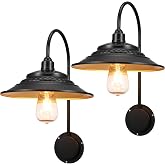XIFEINIU Solar Barn Lights Upgrade, 2PCS Waterproof Wall Light Fixture, Rustic Vintage Metal Gooseneck Solar Wall Mount Lights with Gold Interior, for Outdoor Barn Shed Garage Porch (Black)
