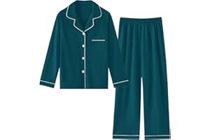 Umeyda Boys Cotton Pajamas Set Kids Soft Long Sleeve Top and Pants Sleepwear 2 Pcs Button-Up Comfy Pjs Set for Ages 4-12