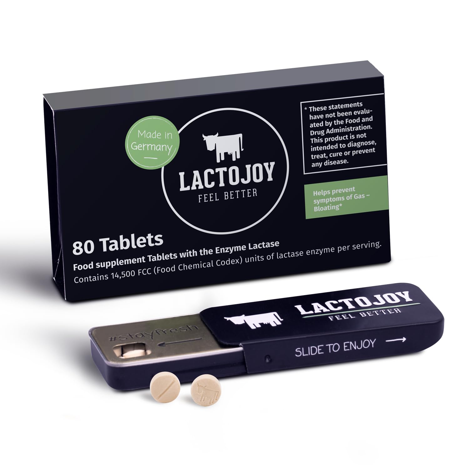 LactoJoy Lactase Tablets | Helps with Lactose Intolerance | Contains 80 Pcs. of Extra-Strength Dose (14,500 FCC) Lactase Enzyme Tablets | 100% Vegan | Supports The Lactose Digestion | Chemical Free