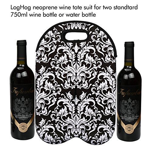 2-Bottle Insulated Neoprene Wine/Water/Beverages Bottle Tote Wine Carrier Picnic Cooler Bag (Black Flower) - Thumbnail 3