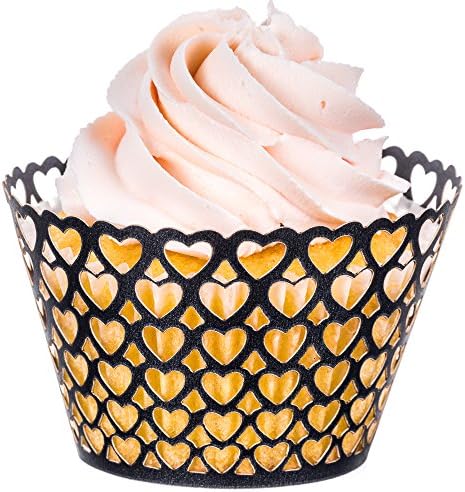 Heart Cupcake Wrappers x 50pcs in shimmering black. 22 different wraps to make your wedding or birthday occasion special.