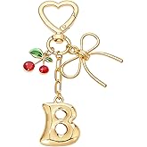 Snycler Bubble Initial Keychain for Women, Gold Letter Charm with Cherry & Bow, Cute Bag Accessories for Purse Backpack