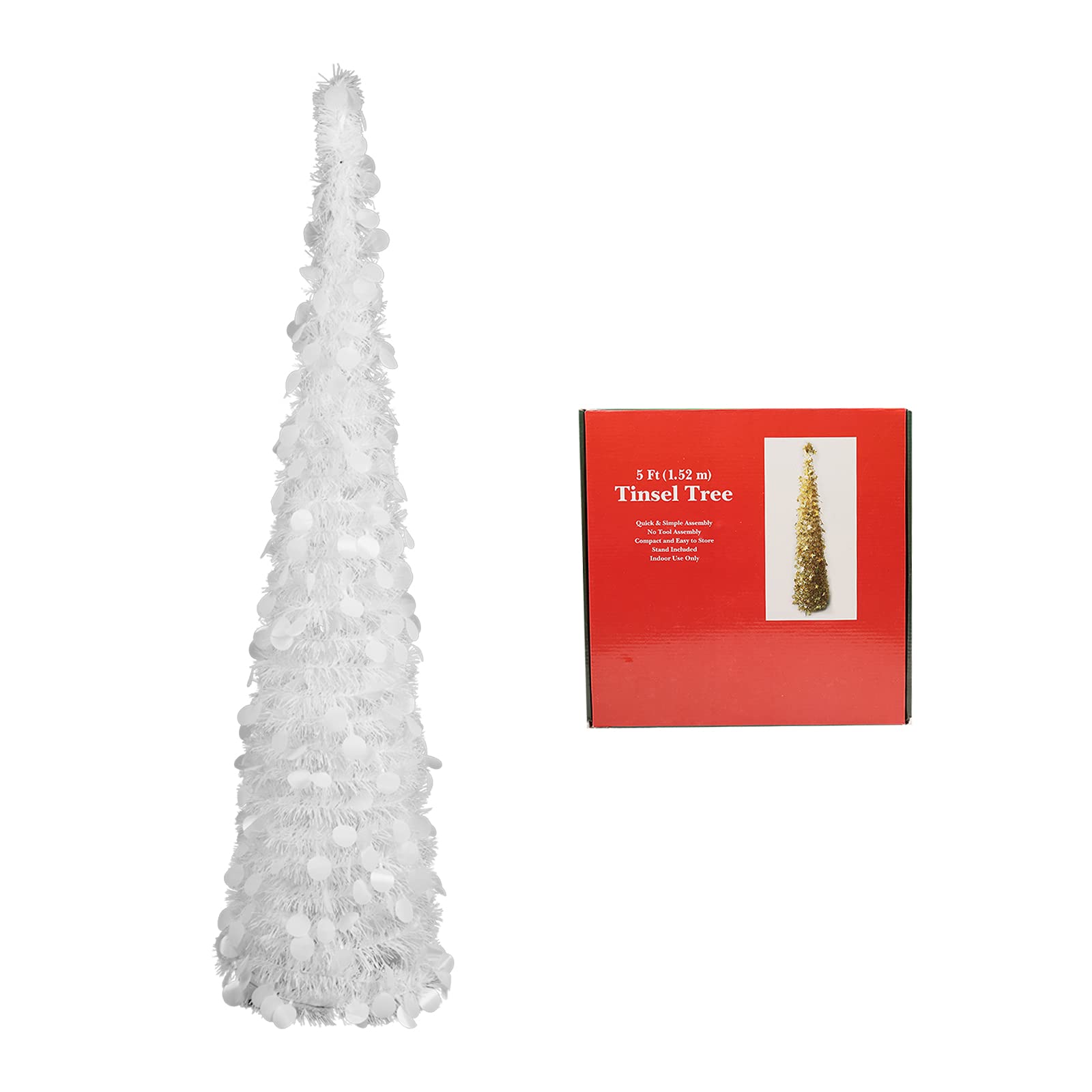 Aqlithle 5ft Pop Up White Tinsel Artificial Christmas Tree, Cost Effective, Space Saving, Easy to Set Up and Store, Perfect for Holiday Decor