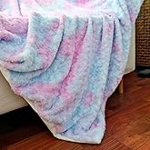 Double Layer Super Soft Faux Fur Throw Blanket, Plush Rose Pattern, Pastel Blue and PinkTie-Dye, Gift for Women Girls and Kids (Blue and Pink,Twin (63" x 79"))