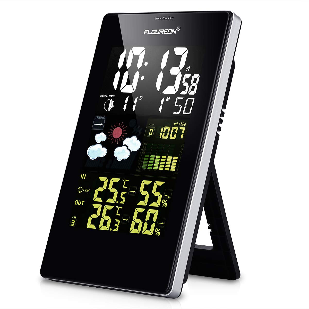 FLOUREON Wireless Weather Station Weather Thermometer with Outdoor Sensor Alarm Clock Snooze LCD Colour Display Temperature Humidity Monitor Thermometer Hygrometer Indicator