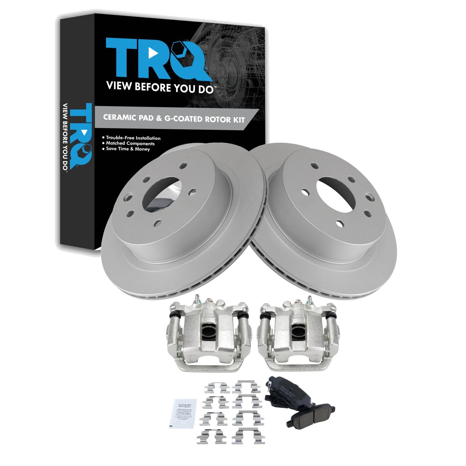 TRQ Rear Brake Pad and Rotor Set Ceramic Vented Rotors Calipers Compatible with 2013-2018 Nissan Leaf 2014-2018 Rogue 2017-2019 Rogue Sport