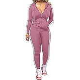 Hakubeby Women 2 Piece Outfits Casual Workout Sets Striped Bodycon Tracksuit Zip Up Long Sleeve Hoodle Jacket Jogger Pant Set