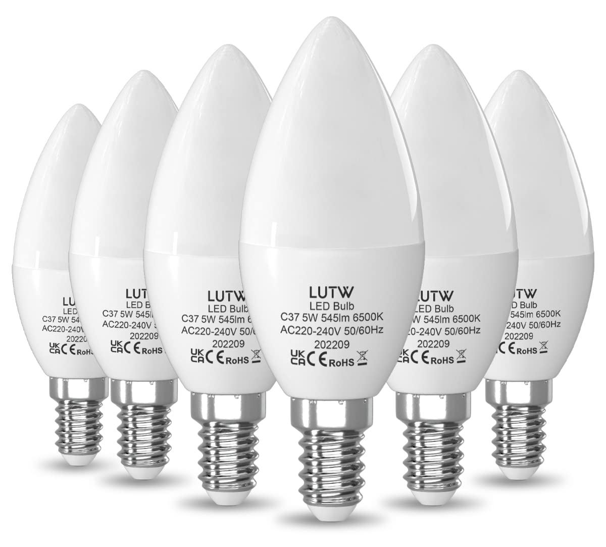 LUTW E14 LED Light Bulb Cool White, 40W SES Bulb Equivalent Candle Bulb, 5W 545lm 6500K 160°Beam Angle C37 Screw Light Bulbs, Non-dimmable, Pack of 6