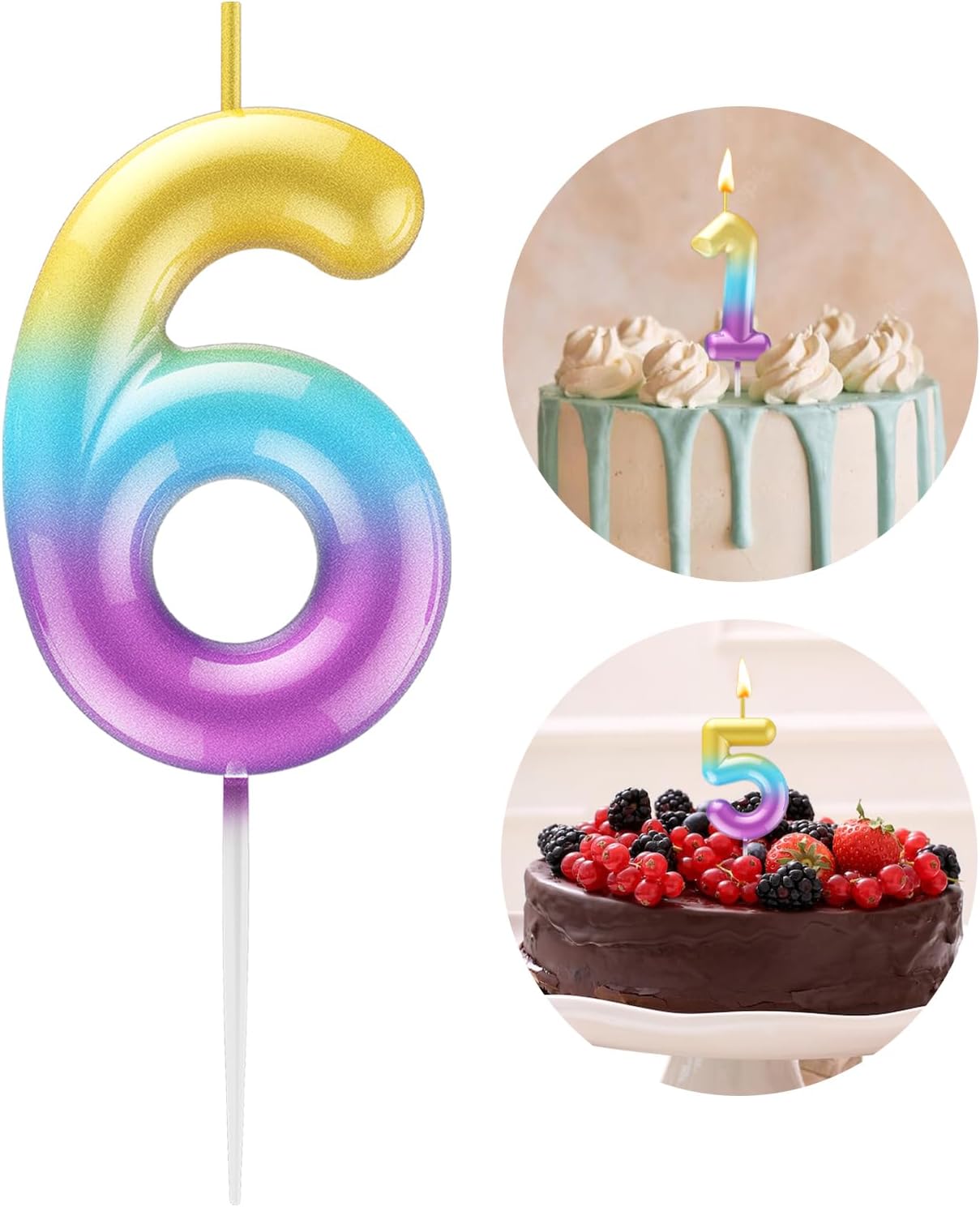 Candles & Holders - Rainbow Number 6 Candle Happy Birthday 3D Number Candles for Birthday Cake Party Decoration Wedding Anniversary Celebration Supplies