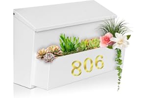 Ydocabinit Wall Mount Mailbox, Large Capacity for House, Outside, with 3 Sets of 0-9 Number Stickers & Flower Planter, Galvanized Steel Rust-Proof Metal Post Drop Box, 15.74"×9.84"×6.41" White