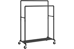 SONGMICS Heavy-Duty Clothes Rack, 39.4 Inch Clothing Rack with Storage Shelf, Double-Rod Garment Rack on Wheels, Industrial D