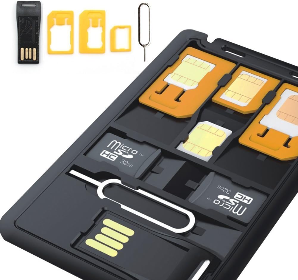 Slim SIM Card holder & MicroSD card Case Storage + Memory card reader, Holds 4 SIM Cards 1 Micro 1 Nano, 2 MicroSD memory cards and Iphone pin ♦ including 3 sim card Adapters 1 Iphone Eject Pin